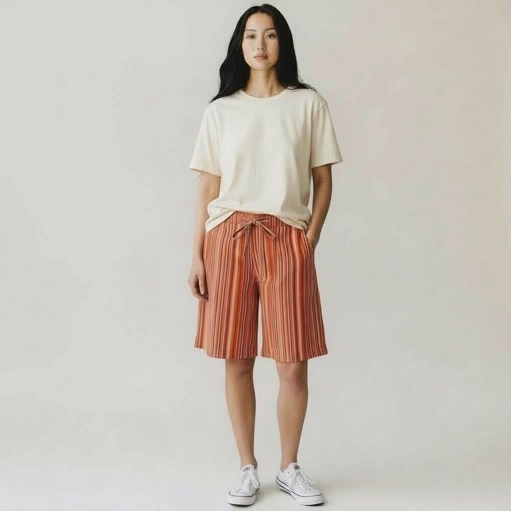 Free People Saylor Poplin Stripe Bermuda Shorts Mango Combo New Size M